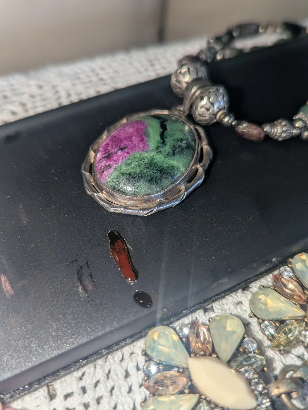 Sterling Silver Ruby Zoisite Statement Necklace, Artisan Gemstone Pendant